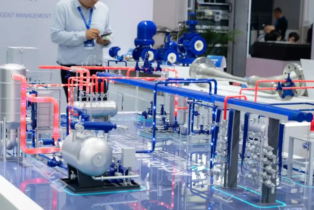 Custom scale model of process plant with piping and pressure vessel industrial equipment