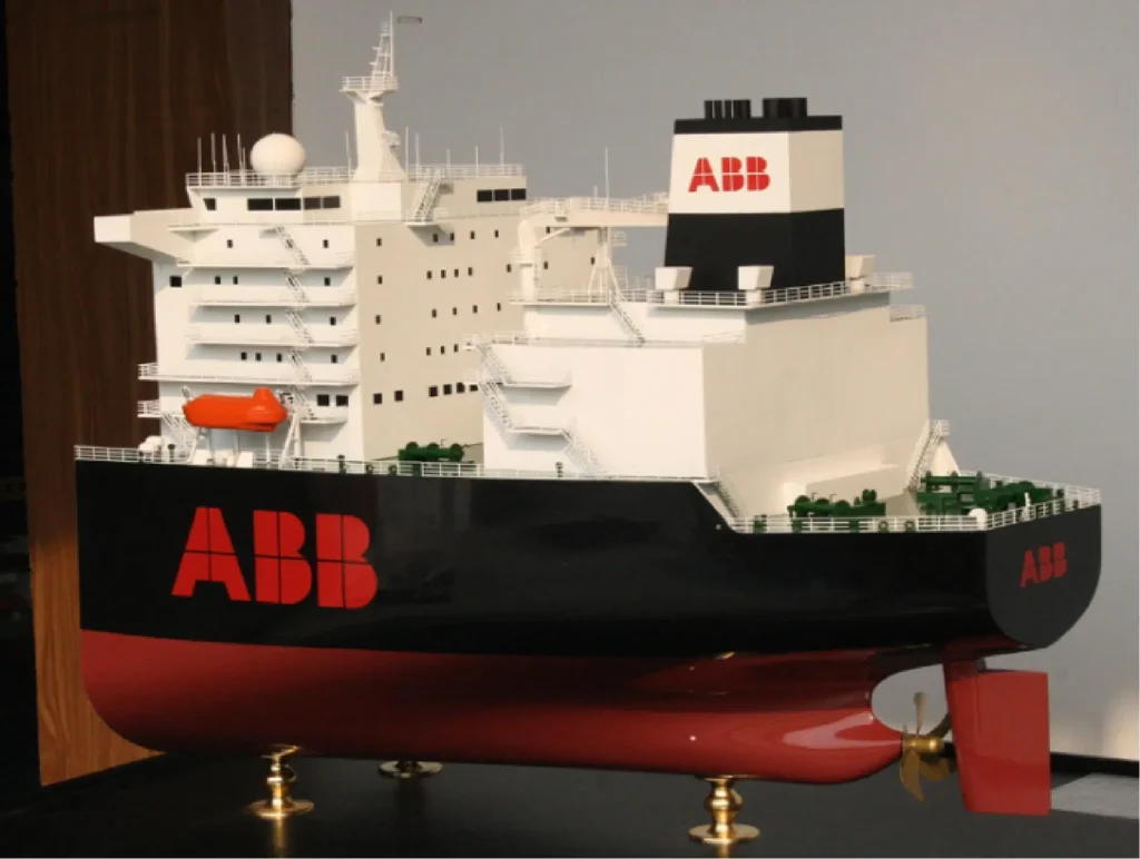 Custom scale model of cargo ship built for corporate exhibition display
