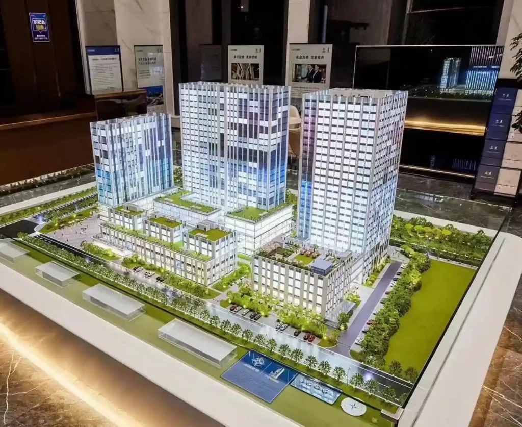 Custom scale model of modern mixed-use architectural building complex for exhibition presentation
