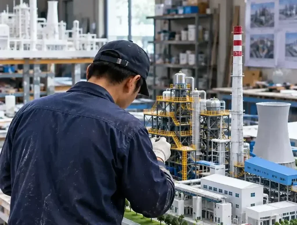 Workshop technician building custom architectural scale model