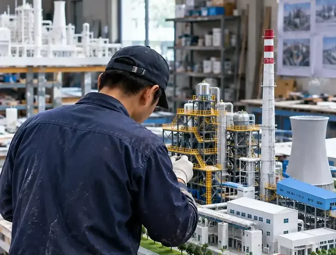 Workshop technician building custom architectural scale model