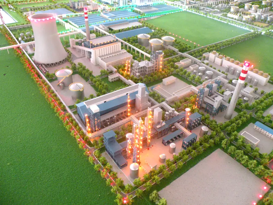 Petrochemical plant scale model with process pipeline and LED lighting simulation