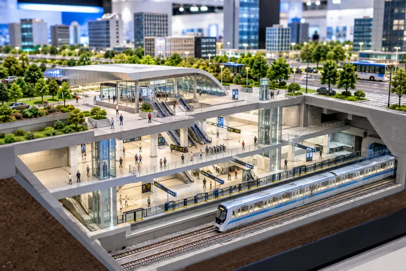 Rail Transit Scale Models of metro interchange station, tunnel, platform and passenger transfer sand table