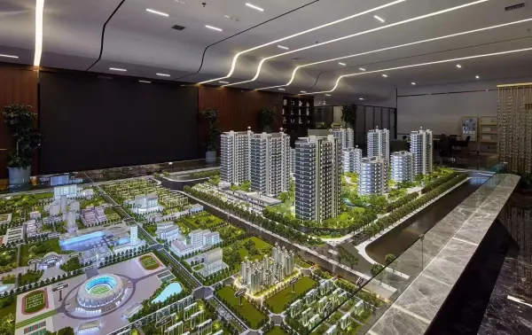 Architectural scale models, large site masterplan architectural scale model with roads, landscaping and clustered buildings
