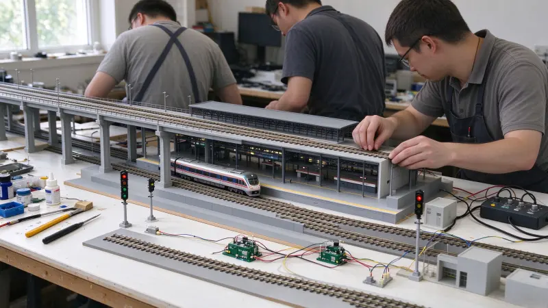 Custom rail transit scale model workshop, urban rail layout, station platform and model train production for tender display